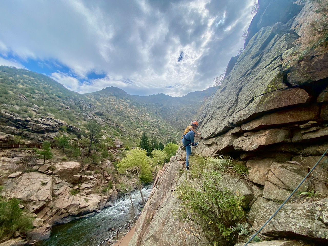 Gene seen from above as he nears the top. Clear Creek visible far below.