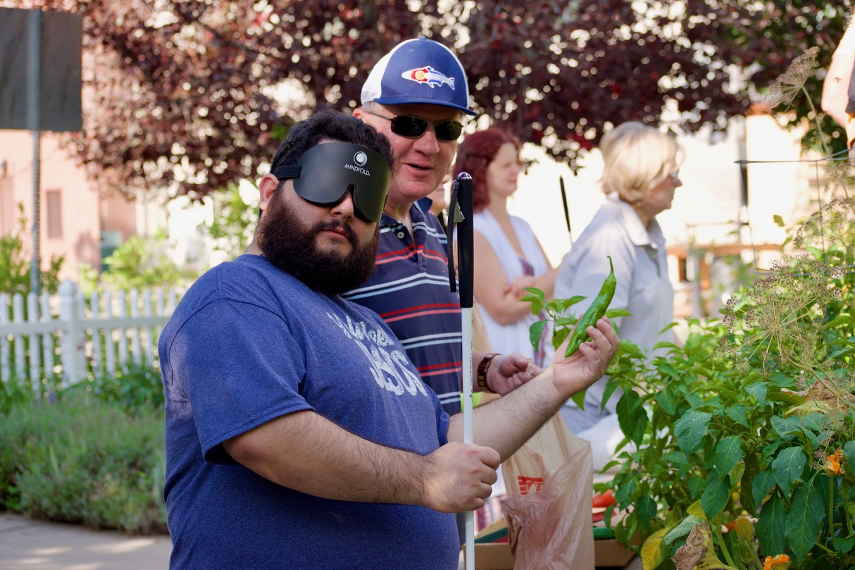 Joey picks a Chili Pepper from the CCB Garden